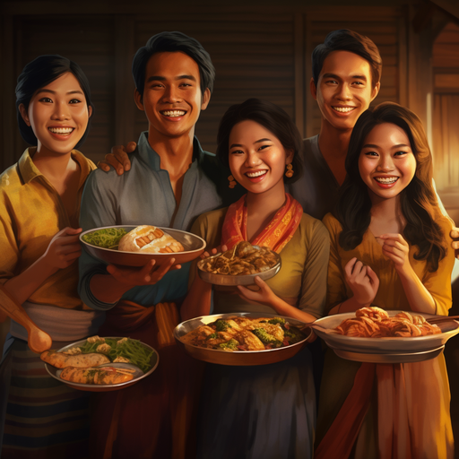 תיאור: קבוצה חייכנית של אנשים אוחזים בצלחות של המאכלים התאילנדים הטריים שלהם, מציגים בגאווה את היצירות הקולינריות שלהם.